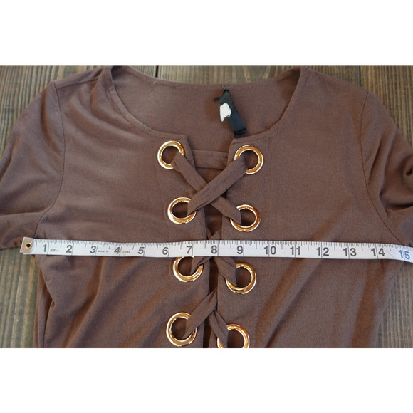 Lace Up Bodysuit Womens Large Brown Gold Long Sleeve Eyelet Grommet Stretchy Top - Picture 3 of 7